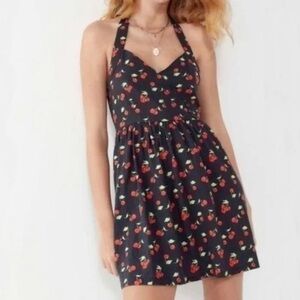 Urban Outfitters | Mamie Linen Cherry Print Retro Halter Mini Dress Small